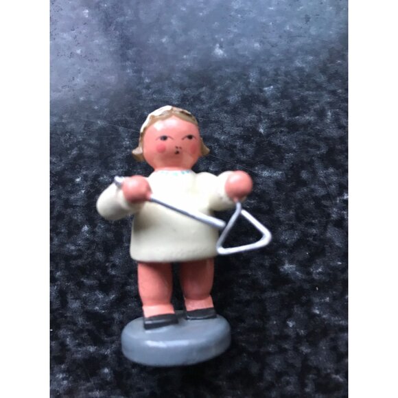 Vintage Christmas Wooden Music Angel Playing The Triangle Erzgebirge Made In Ger - Picture 6 of 8